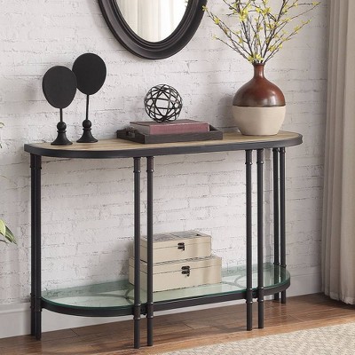 Oak Wood Grain & Sandy Black Metal Demilune Console Table with Glass Shelf