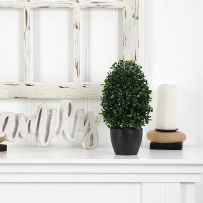 13-Inch Green Plastic Boxwood Topiary in Black Pot