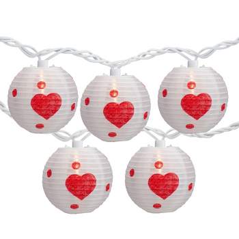 Northlight 10-Count White and Red Heart Paper Lantern Valentine's Day Lights, 8.5ft White Wire