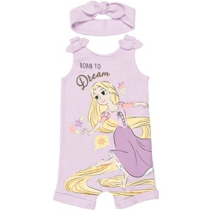 Disney Princess Rapunzel Ariel Belle Jasmine Aurora Baby Girls Snap Romper and Headband Newborn to Toddler - 1 of 4