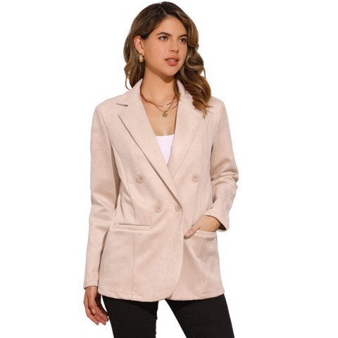 INSPIRE CHIC Women's Lapel Collar Long Sleeve Double Breasted Blazer Large Beige