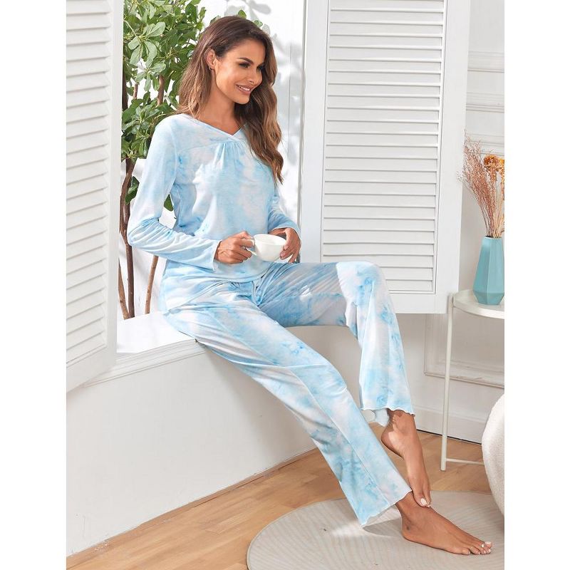 Women's Pajama Set Tie Dye Two Piece Long Sleeve Tops and Pants Sleepwear Soft Loungewear Pjs, 3 of 9