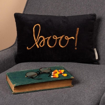 Velvet Black Embroidered Halloween Pillow 15" x 10"