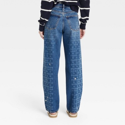Women's Mid-Rise Embroidered Daisy Baggy Jeans - Universal Thread' Medium Wash - image 2