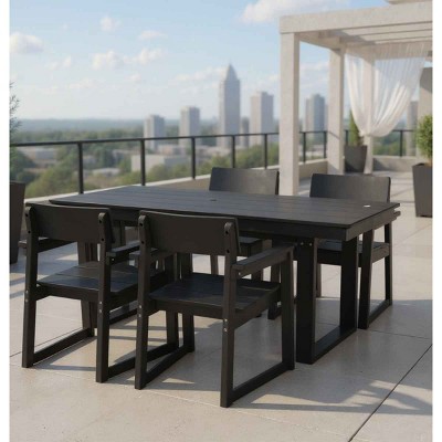 Modern 5 PCS Outdoor Dining Set, Rectangular Dining Table with Umbrella Hole, Dining Armrest Chair with Eco-Friendl HDPE Frame-Coolbibila
