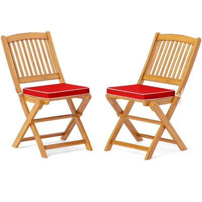Tangkula Patio Folding Chair Set of 2 Portable Acacia Wood Dining Chairs with High Back & Seat Cushions Beige/Navy/Red