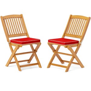Tangkula Patio Folding Chair Set of 2 Portable Acacia Wood Dining Chairs with High Back & Seat Cushions Beige/Navy/Red - 1 of 4