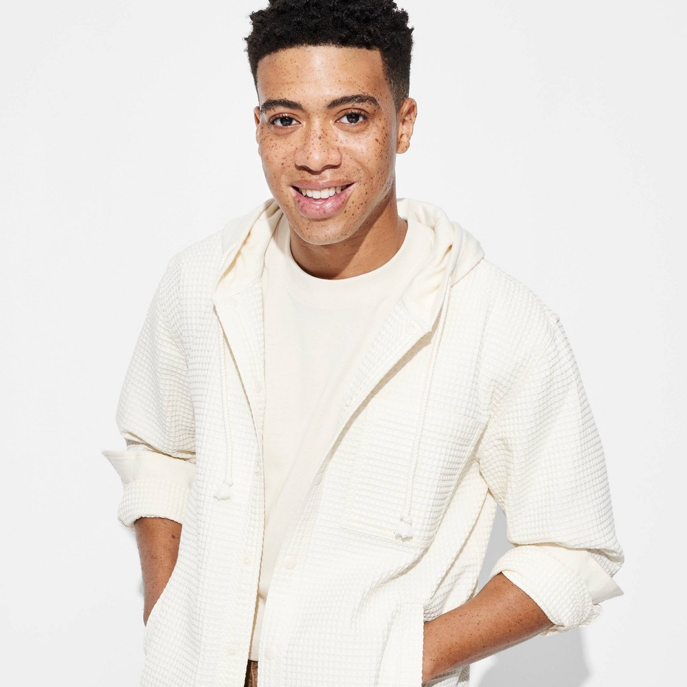 Men's Hooded Long Sleeve Button-Down Shirt - Original Use Yellow M: Casual Midweight Waffle Fabric