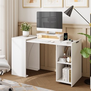 Hausource Foldable Extendable Computer Desk Writing Workstation Study Table with Hutch Charging Station - 1 of 4