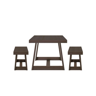 Walnut Wirebrush Farmhouse Dining Table Set with 2 Benches, Seats 6