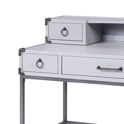 Gray Wood Writing Desk with Drawers and Metal Legs