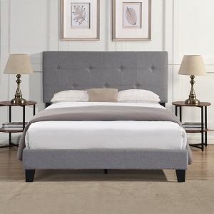 Queen Size Upholstered Platform Bed with Button Tufted Linen Fabric Headboard - 1 of 4