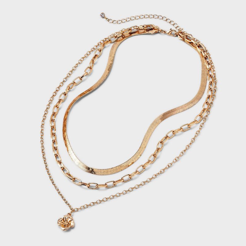 Gold 3 Row Flower &#38; Snake Chain Necklace - A New Day&#8482; Gold, 4 of 6