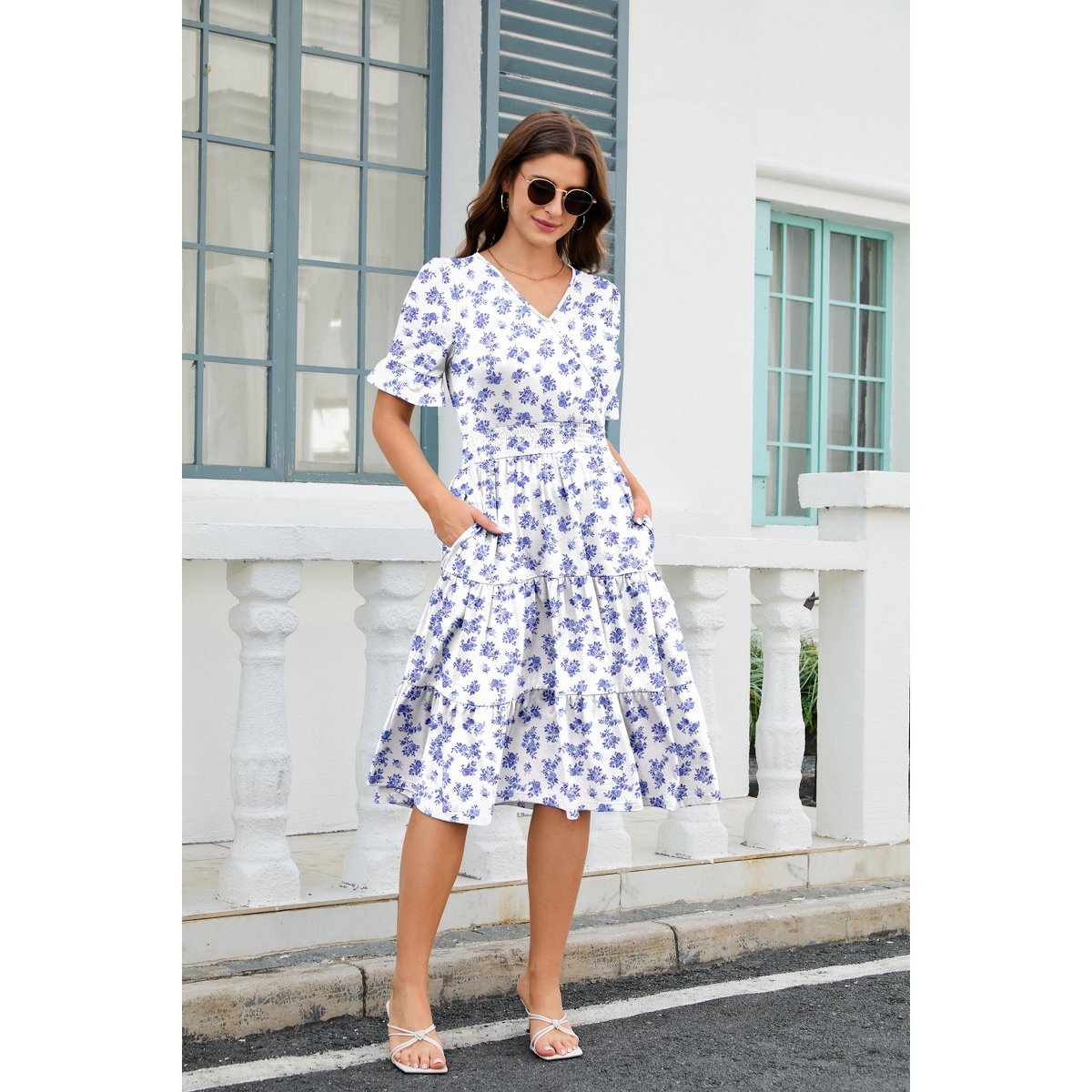 Женские платья Zeagoo Women's Summer Dress Floral Midi Casual Short Sleeve Flowy Beach Dress with Pockets Pink Floral L — фото 5