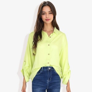 Anna-Kaci Women's Long Sleeve Button-Down Shirt with Roll-Up Sleeves and Front Pocket Casual Loose Fit Blouse - 1 of 4