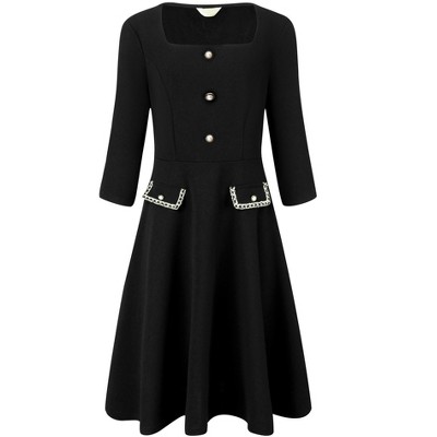 Hobemty Women's A-Line Half Sleeve Button Decor Square Neck Work Dresses