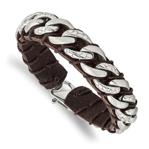 Black Bow Jewelry 15mm Stainless Steel & Brown Leather Textured Curb Bracelet, 8.5 Inch - 1 of 4