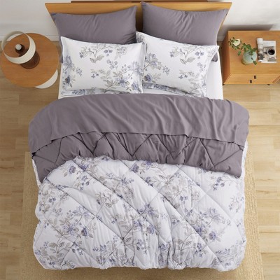 Full/Queen White Microfiber Reversible Floral Bed in a Bag Set