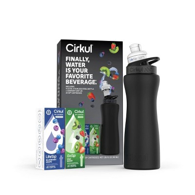 Cirkul Matte Black Bottle with Black Lid and 2 Flavor Cartridges (LifeSip Blueberry Grape and GoSip Kiwi Berry) - 32oz