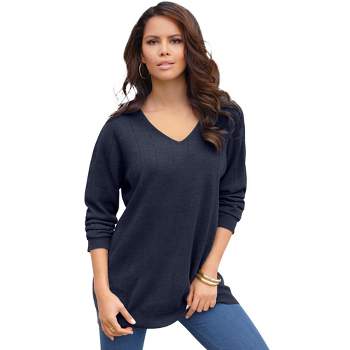 Roaman's Women's Plus Size Fine Gauge Drop Needle Henley Sweater
