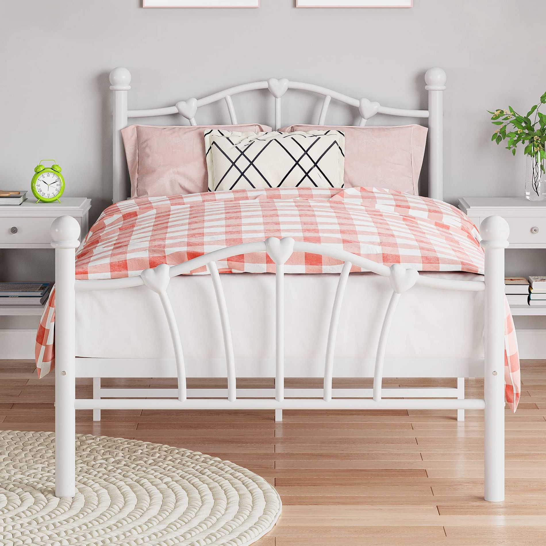 Garvee White Twin Bed Frame for Kids, Twin Bed Frame with Heart Shaped Headboard and Tailboard, Heavy Metal Slat Support, Noiseless, White