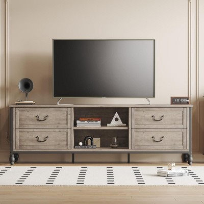 Homhougo Mid Century Modern TV Stand for 75-Inch TV, Rustic Grey Wooden Entertainment Center with 4 Drawers Grey