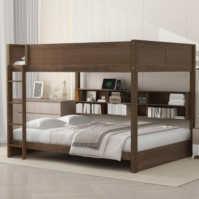 Streamdale Queen over Queen Bunk Bed with Storage Cabinets and USB Ports, Antique Wood Color
