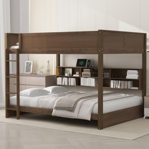 Streamdale Queen over Queen Bunk Bed with Storage Cabinets and USB Ports, Antique Wood Color - 1 of 1