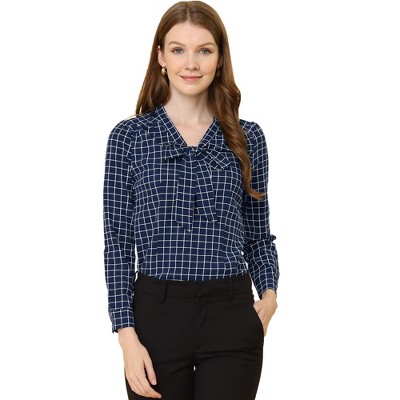 Allegra K Women's Work Elegant Bow Tie Neck Puff Long Sleeve Plaid Shirt