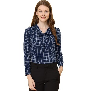 Allegra K Women's Work Elegant Bow Tie Neck Puff Long Sleeve Plaid Shirt - 1 of 4