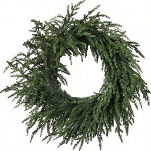 24 Inch Real Artificial Green Pine Wreath Front Door Winter Decor Indoor Outdoor Wall Window Porch Farmhouse - 1 of 4