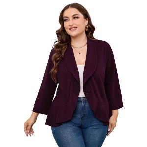 Women's Ruffled Hem Blazer Cardigan, Single-Button Lapel Jacket with 3/4 Sleeves for Casual & Office Wear - 1 of 4