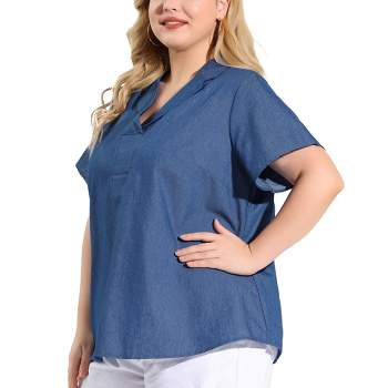 Plus Size Tops for Women Loose Work Casual New Ladies Loose Blouses Cotton  and Lapel Rolled Short