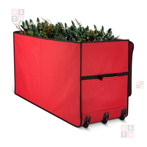 OSTO Clear Plastic Christmas Ornament Storage Box Stores Up to 128  Ornaments of 3”; 2-way zipper,Carry Handles. Tear Proof and Waterproof Red  Trim