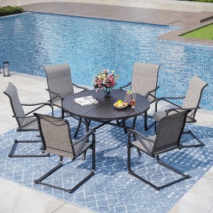 Captiva Designs 7pc Black Slatted Round Steel Table with Umbrella Hole & Grayish Brown Textilene Chairs - 1 of 4