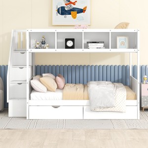NicBex Twin over Full Bunk Bed Pine Bed Frame with 2 Drawers, Shelves, Guardrails and Convertible Storage Stairs, No Box Spring Required - 1 of 4