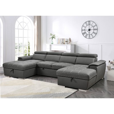 VYNXARIA U Shaped Sleeper Sofa,121 inch Overisze - 2 in 1 Pull Out Bed,Sectional Sleeper Sofa with Double Storage Chaise,Charcoal Gray