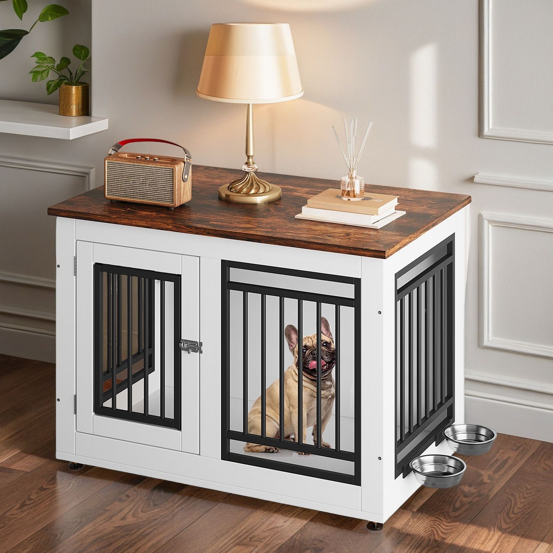 Dog Crate Furniture Wooden Indoor Dog Kennel with Adjustable Feet and 2 Removable Bowls Dog Crate Side End Table White