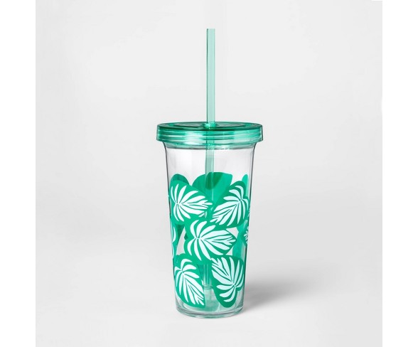 23oz Plastic Palm Leaf Tumbler with Lid and Straw Green - Sun Squad&#153;