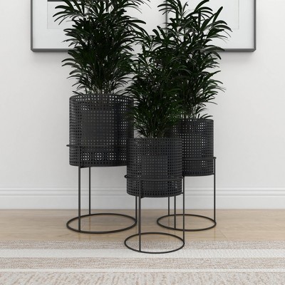 Set of 3 Black Metal Perforated Cylinder Floor Planters