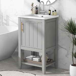 Okak 20" Bathroom Vanity Set, Compact Cabinet with Single Ceramic Sink & Silent-Magic Door, Open Shelf Storage for Small Apartment, Gray - 1 of 4