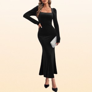 bodycon winter formal dresses EadianDree Womens Black Velvet Square Neck Long Sleeve Maxi Dress Evening Wedding Guest Cocktail Party Fall : Target Sports Bra buy this elegant Flash Choose Size:L Red Black Japanese spaghetti straps