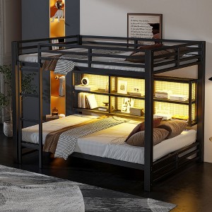 Whisen Metal Queen over Queen Bunk Bed with Ample Storage Cabinets, LED Lighting and Guard Rails - Black - 1 of 4