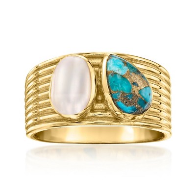 Ross-Simons Turquoise and 6x8mm Cultured Pearl Toi Et Moi Ring in 18kt Gold Over Sterling