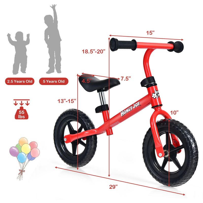 HoneyJoy Kids Balance Bike No Pedal Training Bicycle w/Adjustable Handlebar & Seat Yellow\Black\Blue\Red, 3 of 10