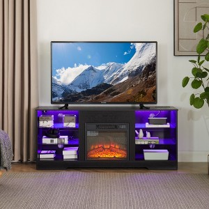 Wooakway 3D Fireplace TV Stand with LED Lights Wood with USB Charging Outlet Modern Television Table Center for TV - 1 of 4