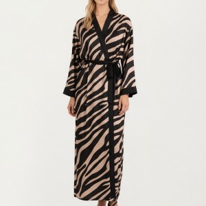 Anna-Kaci Lounge Women's Long Satin Zebra Print Robe with Contrast Trim and Waist Tie - One Size Fits Most, Brown - 1 of 4