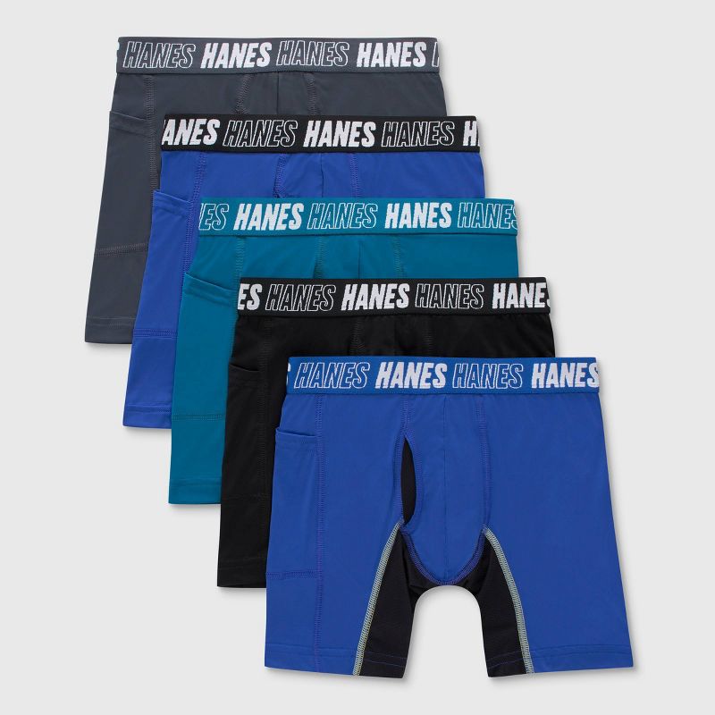 Hanes Moves Boys' 5pk Anti-Chafe Long Leg Boxer Briefs - Blue, 1 of 4