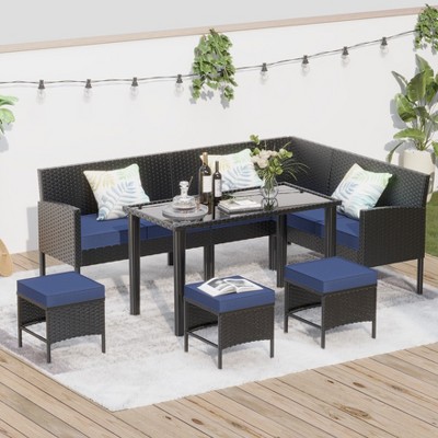 Anybear 7PC Dark Blue Waterproof Seat Cushions Glass Table Space Saving Garden Furniture Set