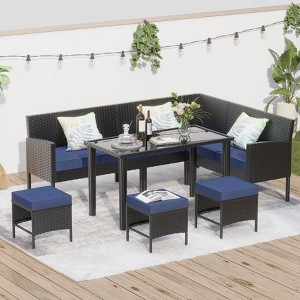 Anybear 7PC Dark Blue Waterproof Seat Cushions Glass Table Space Saving Garden Furniture Set - 1 of 4